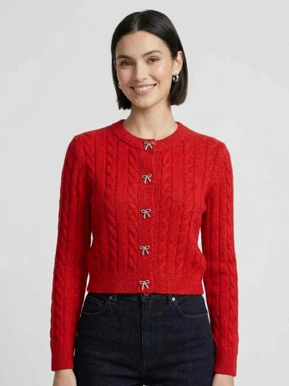 Jessica Simpson red cable knit sweater with bow snaps, size M